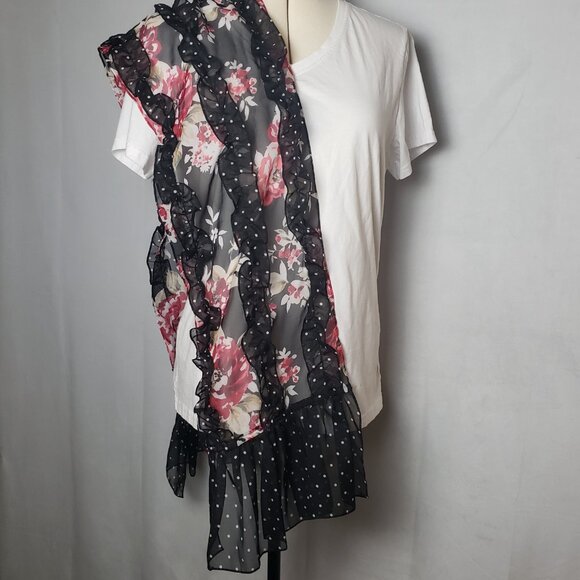 White House Black Market Ruffled Floral Polka Dot Pattern Scarf Wrap 64"x32" - Picture 5 of 11